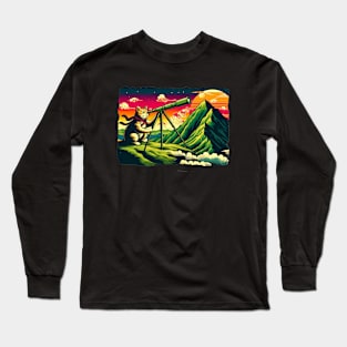 Meteor Watching Hiker Mountain Climbing Stargazing Cat Long Sleeve T-Shirt